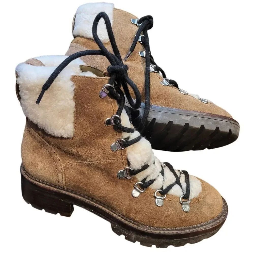 Marc Fisher Capell Boots Women's 6.5 Tan Hiker Suede Leather Shearling Lace Up